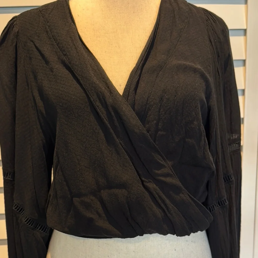 Free People Black Puff Sleeve Wrap Blouse